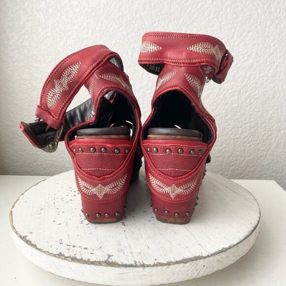 Lane Boots LEXINGTON Womens Red Wedges 10 Western Sandals Cowgirl Wooden Heels - Picture 3 of 11